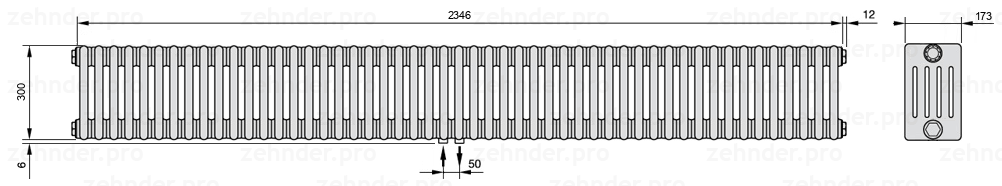 Схема (чертеж) Радиатор Zehnder Charleston 5030/51 №3470 Белый глянцевый RAL 9016